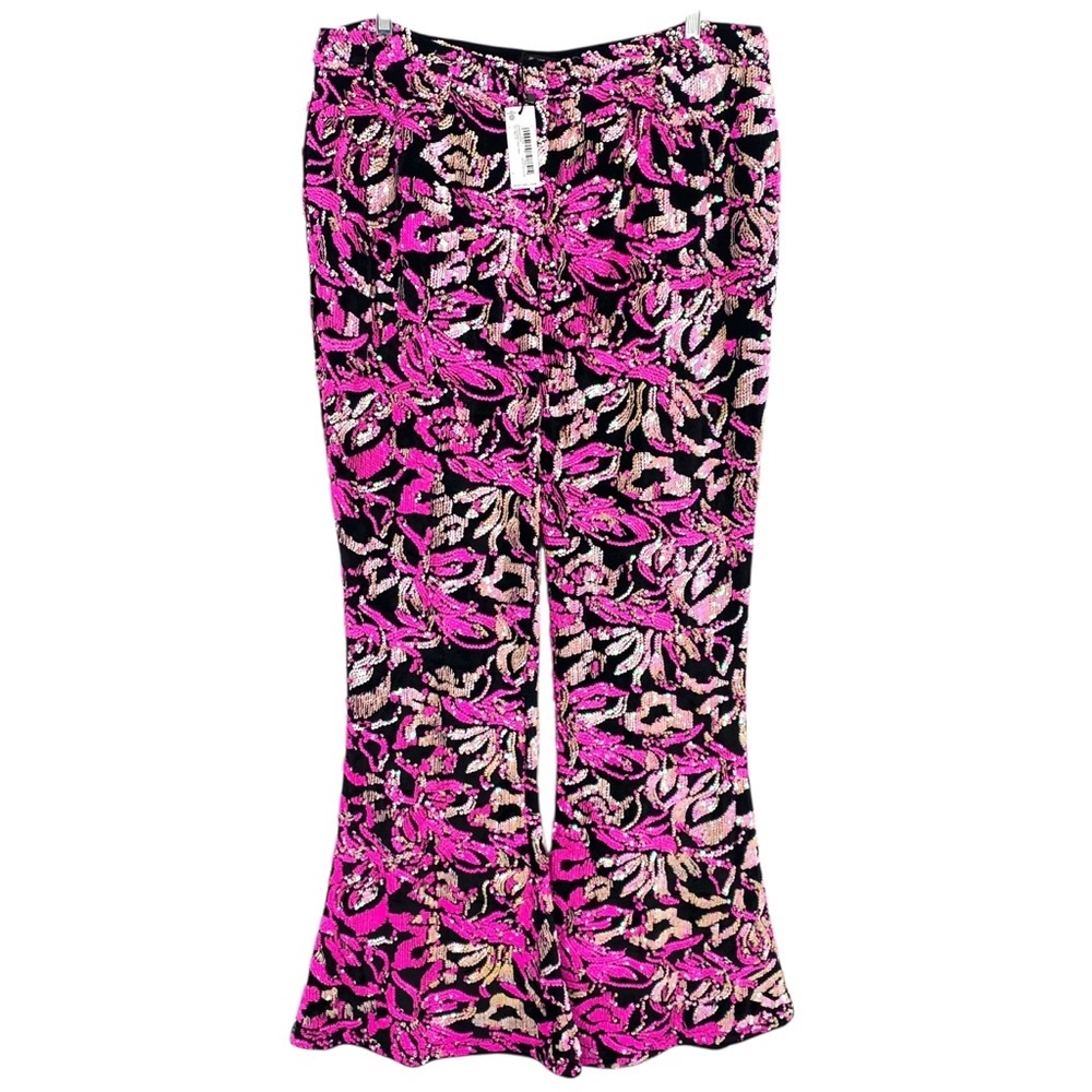 Nasty Gal Black Velvet Hot Pink Sequin Flare Pants New - Picture 10 of 11